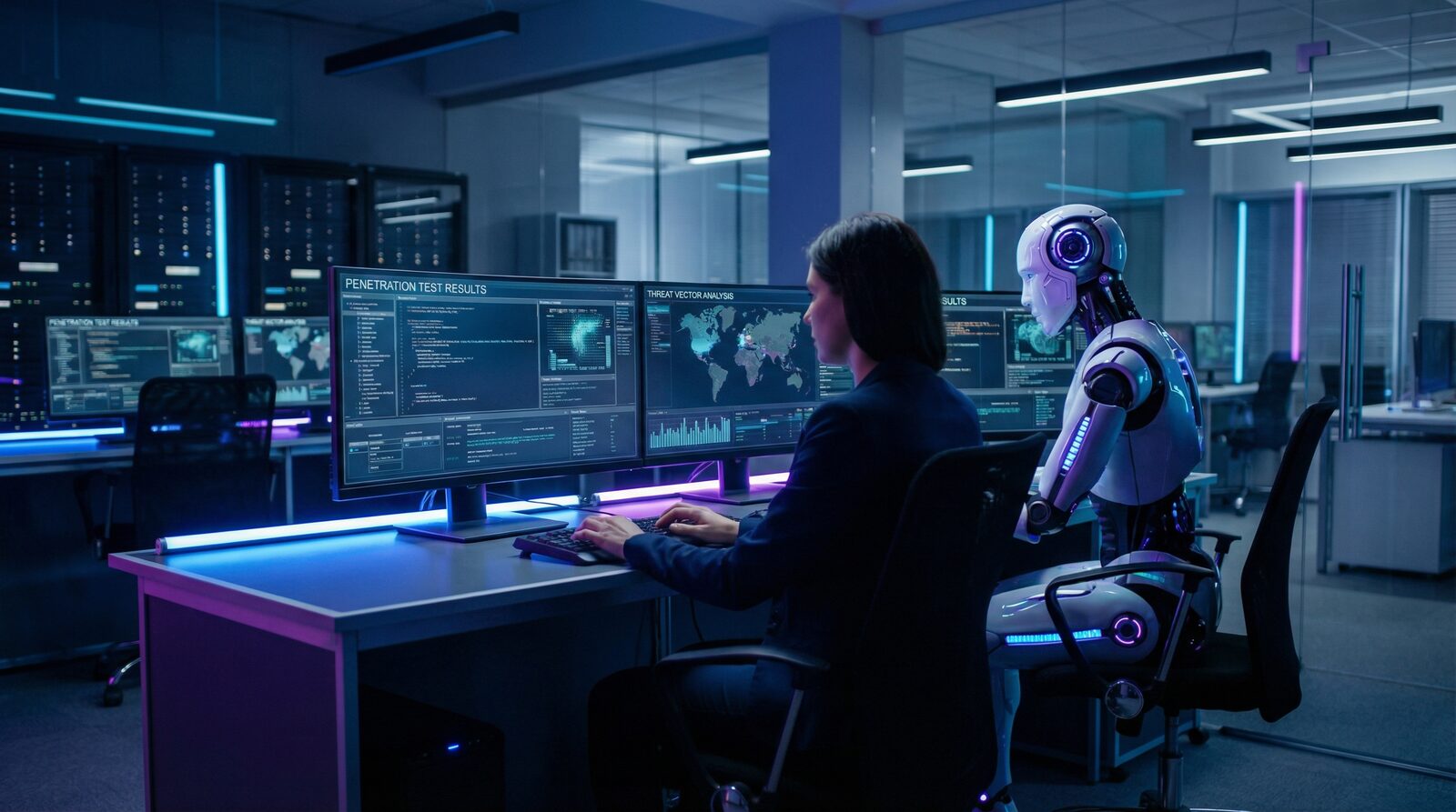 AI and cybersecurity analyst reviewing penetration test results